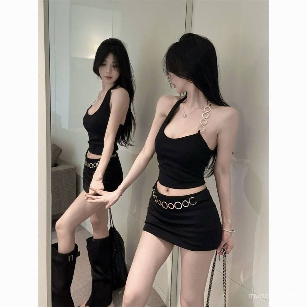 Fog Viewing Hot Girl Sexy Suit Skirt Female Summer Halterneck Camisole Tight One Set Wearing Royal Sister Style Two-Piece Wear IULB