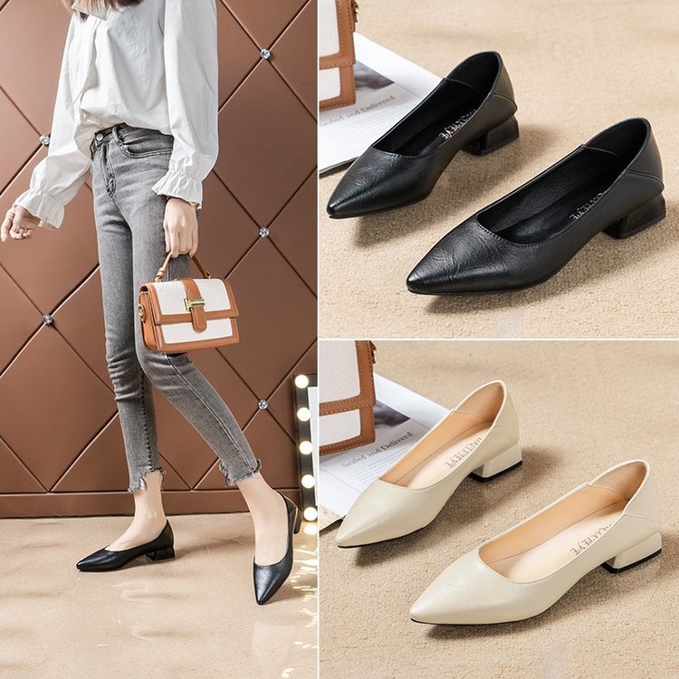 Pointed Toe Thick Heel Office Workers Bag Shoes Low Interview Anti-Wear Foot Design Baby