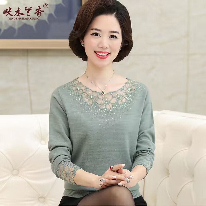 [Middle-Aged Elderly Clothes] Mother Clothes Long-Sleeved Sweaters Bottoming Shirts Warm Autumn Lace Tops Middle-