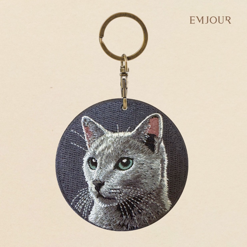 EMJOUR Double-Sided Embroidery Pendant-Russian Blue Cat | Pet Souvenir Gift Key Ring Bag Accessories Decoration