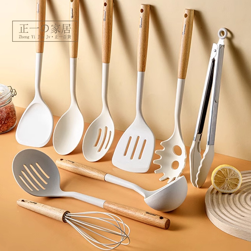 [Zhengyi Home Furnishing] Rubber Wooden Handle Silicone Kitchenware 3-Piece Set (Spatula/Soup Spoon/Leaky Spatula) Non-Stick Pan Dedicated High Temperature Resistant Safe Non-Toxic Cooking Multifunctional Kitchen Accessories