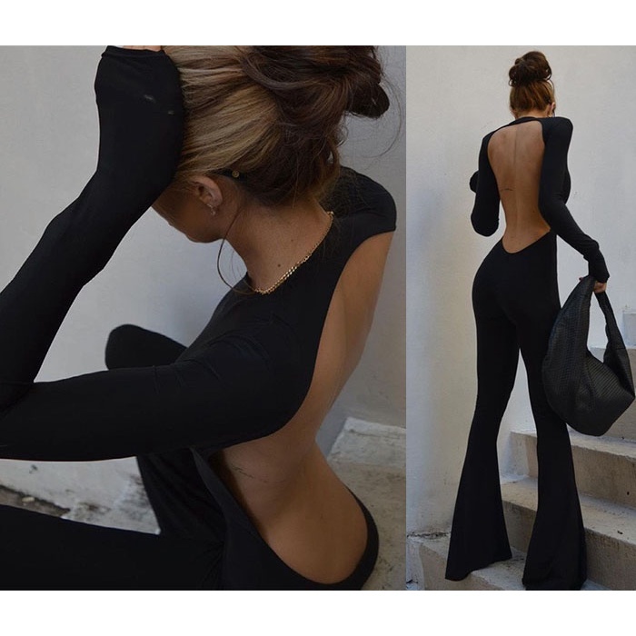 Super Mysterious Neat Intellectual Style Black Backless Jumpsuit Flared Pants Big Beautiful Back Quickly Revealed To Stock Groove