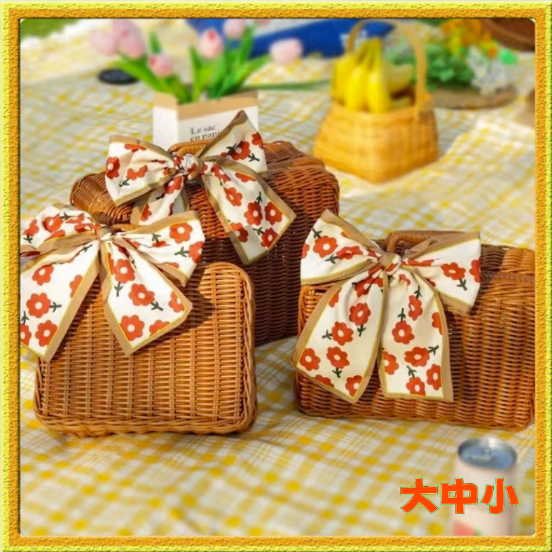 [Free Ribbon] Picnic Basket Woven Storage Box Hand Travel Photo Props Household Suitcase Camping