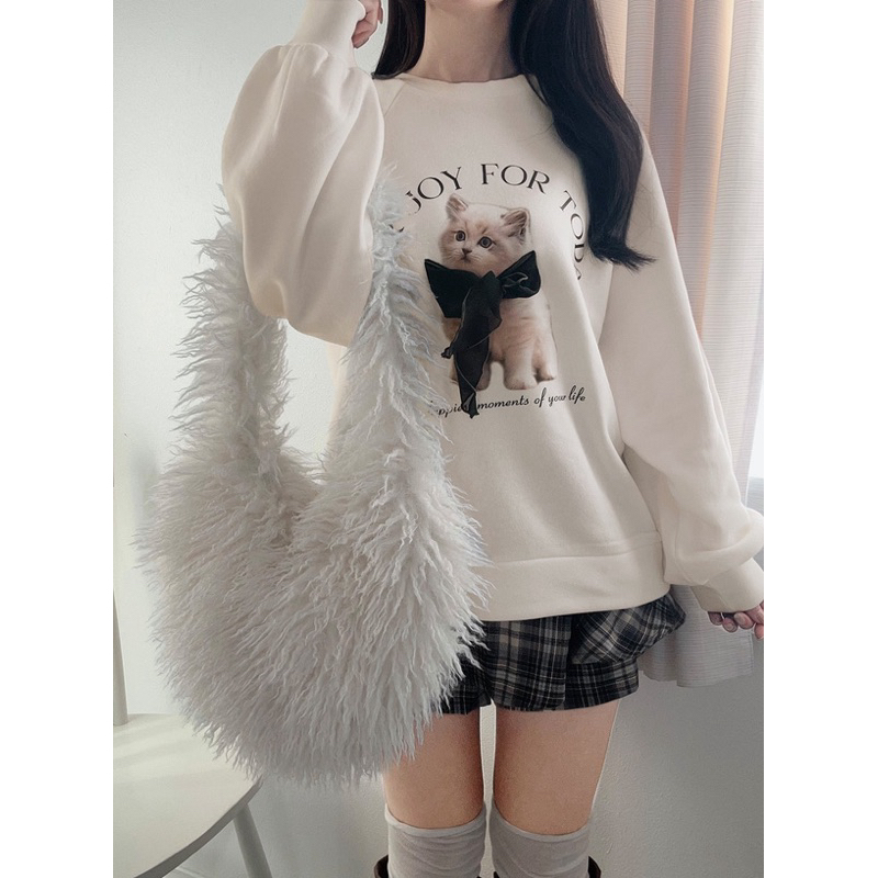 |GRL Japanese Single Cat Print Three-Dimensional Bow Casual Top University T Lining Brushed Fleece [pm534]