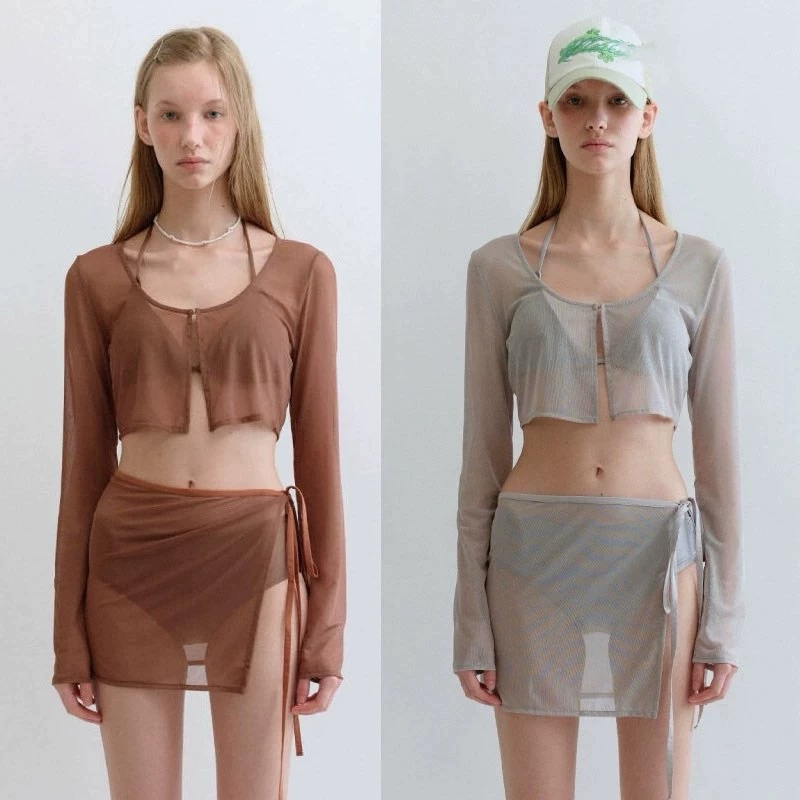 🩶 🩶Korean Girl Four-Piece Mesh Bikini Suit Split Swimsuit Long-Sleeved Skirt Blouse Sunscreen Laced-Up Big Tits Small Can Be Hot Spring Swimming Vacation Seaside Brown Gray Bikini Set