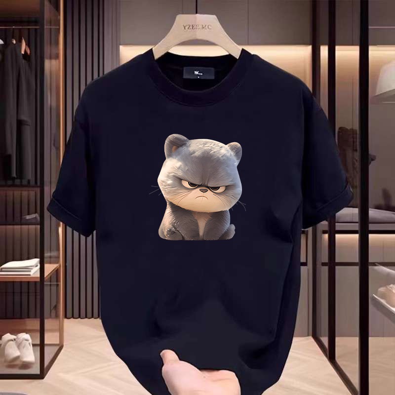 [ABCD] 100% Cotton T-Shirt Summer Short-Sleeved Men's Design Fashionable Korean Version Fat Cat Print Round Neck Versatile Half-Sleeved Top