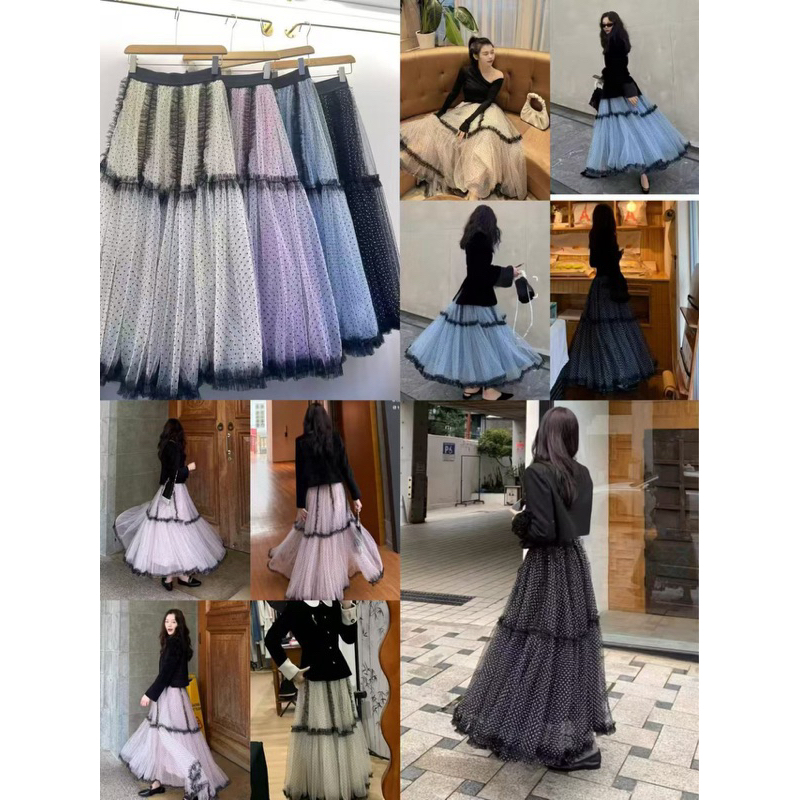Flocking Gauze Polka Dot Stitching Lace Classy Elegant Cake Skirt