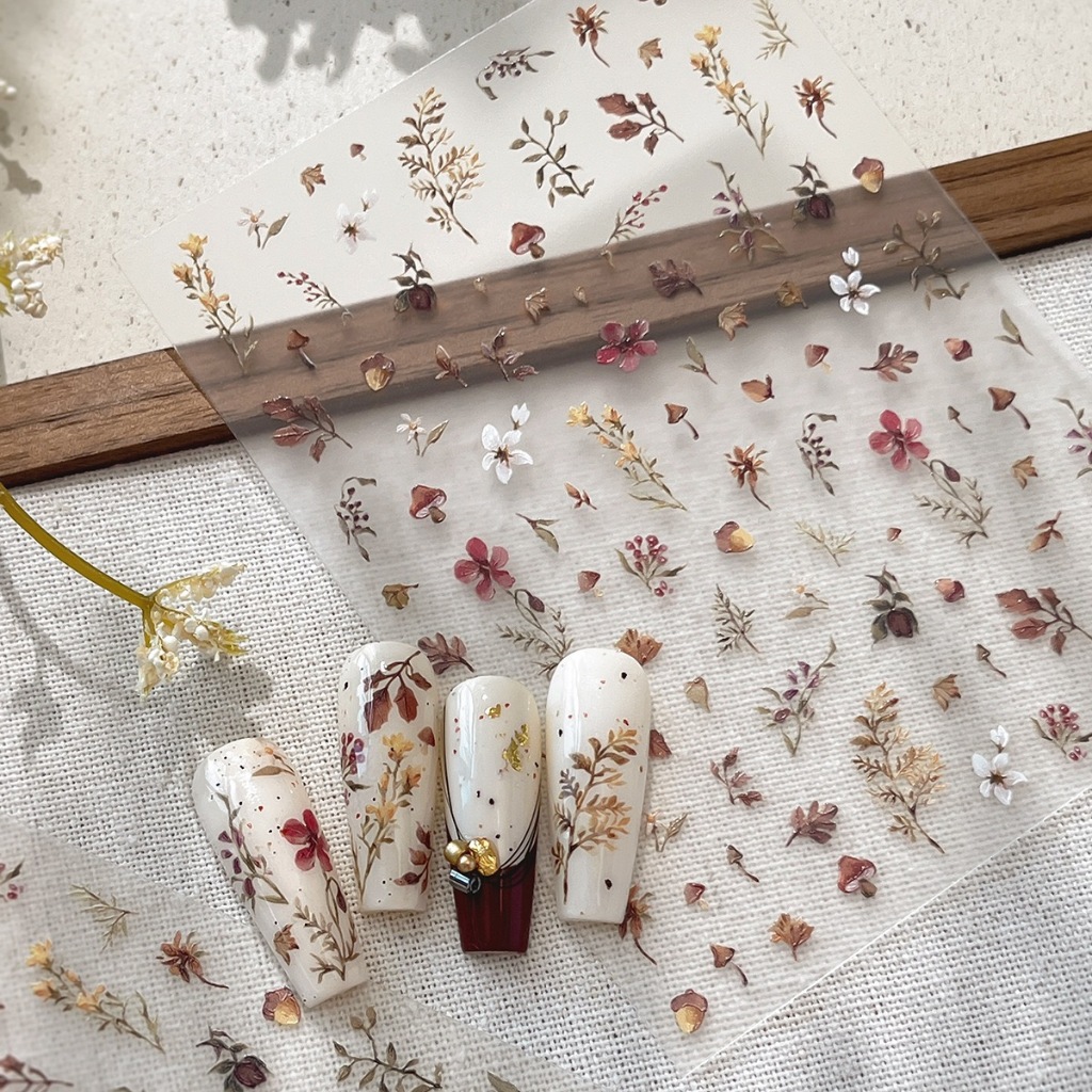 Autumn Dry Flower Manicure Sticker Brown Series Small Cream Gentle Style Material Hand-Painted Mori Nail diy Decorative Japanese Gel Nail Sticker