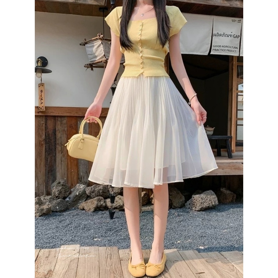 BAi White Mother Chiffon Pleated Skirt/Elastic Waist Classy Folded Skirt- [360171]