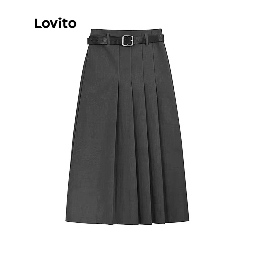 Lovito Women Casual Skirts Plain Pleated Asymmetrical Skirt L45AD051 (Grey)