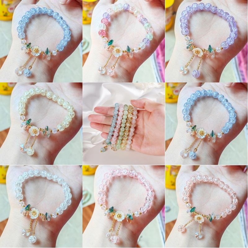 Korean Flower Daisy Crystal Bracelet Pink Cute Girly Beads Bracelets Gelang Tangan Perempuan For Women Fashion Accessories Valentine's Day Gifts New Year Gift