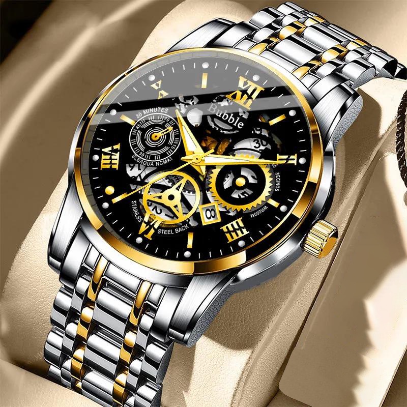 Waterproof Waterproof Stainless Steel Metal Men's Watch Multi-Function Quartz Pointer Style Sun Moon Star Calendar Luminous Men's Watch Fashion Business Watch Luxury Swiss Roman Hollow Men's Watch Genuine Famous Brand Fashionable All-Match Luminous Waterp