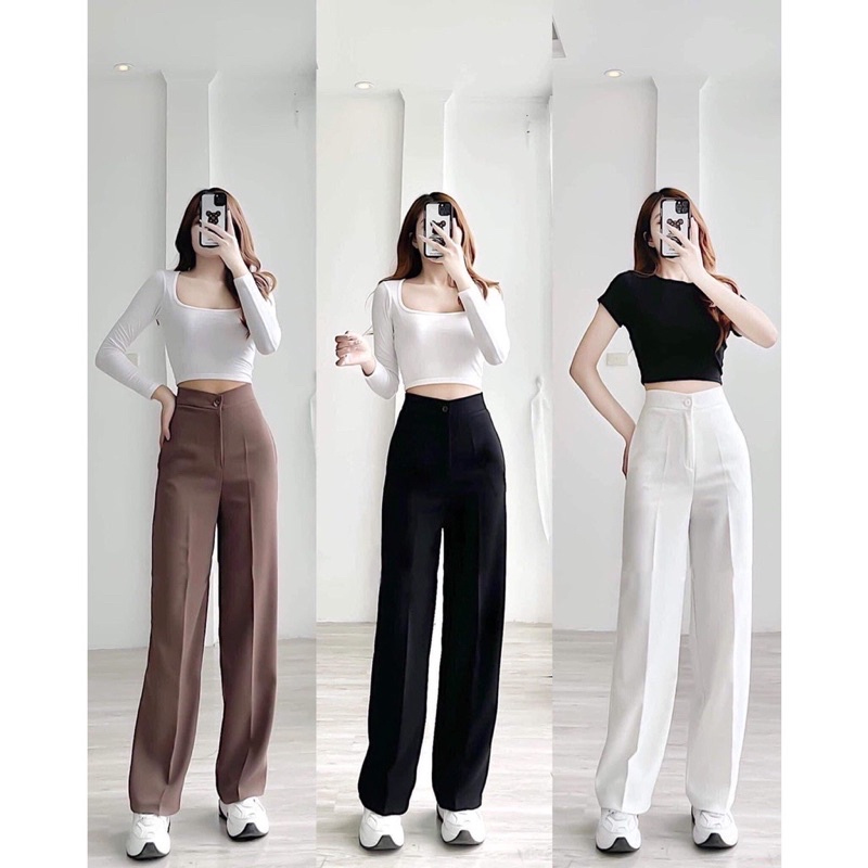 High-waisted 1-button front-zip wide-leg pants, straight-leg pants code 59