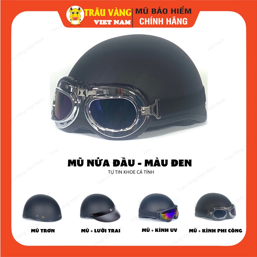 Genuine Vietnamese Golden Buffalo half-head helmet, black with UV glass, aviator glasses, freesize 1/2 helmet