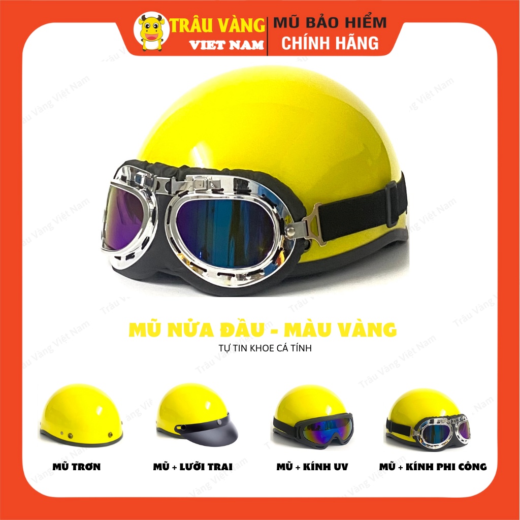 Genuine Buffalo VietNam yellow half-head helmet with UV glasses, aviator glasses, freesize 1/2 helmet