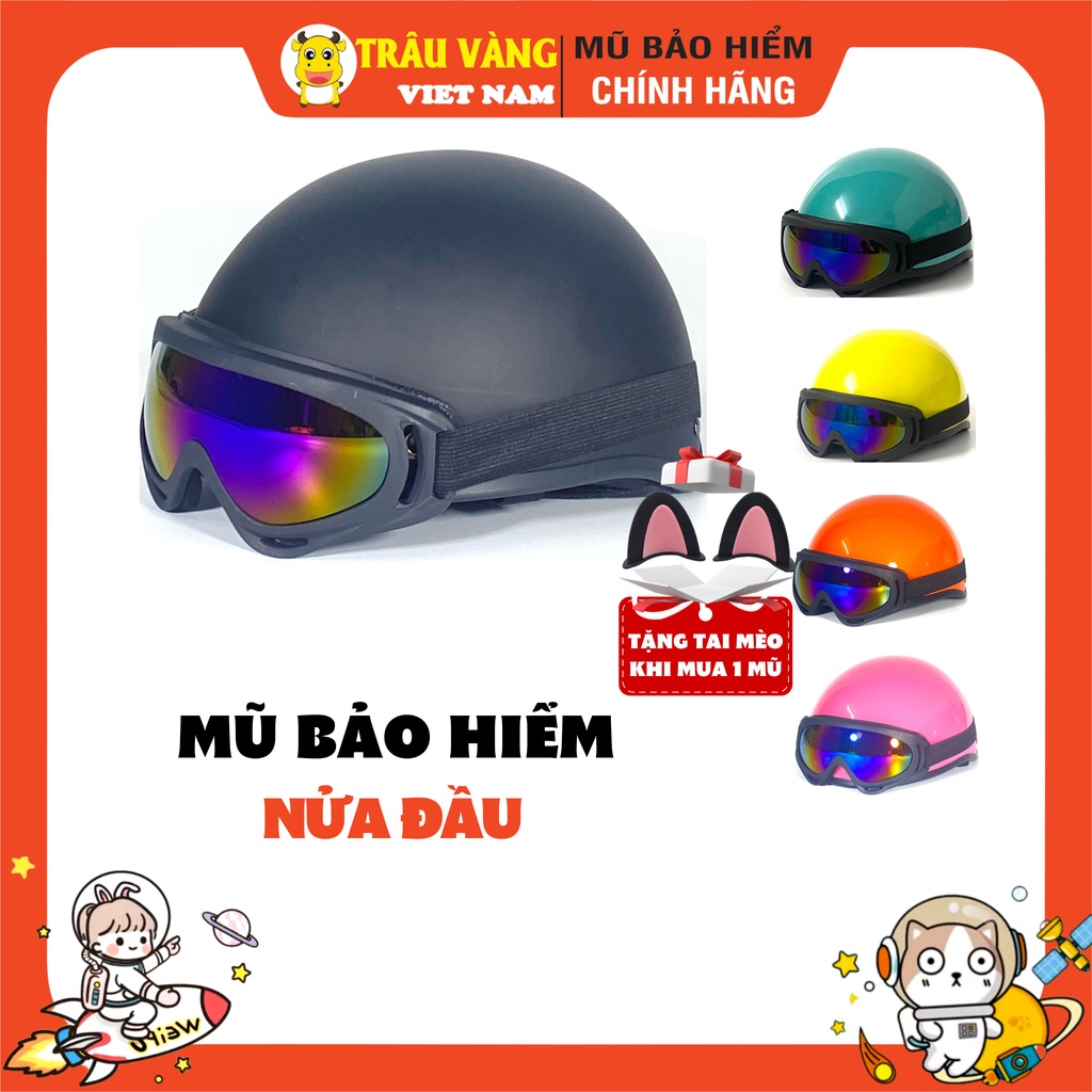 Genuine Vietnamese Golden Buffalo half-head helmet in all colors with UV glasses, freesize 1/2 helmet