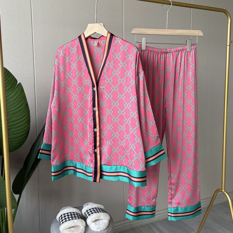 Plus Size Ice Silk Pajamas Set Women's New Style Long-Sleeved Trousers Pyjamas Suit Summer Thin Soft Loose Satin Sleepwear Baju Tidur Wanita