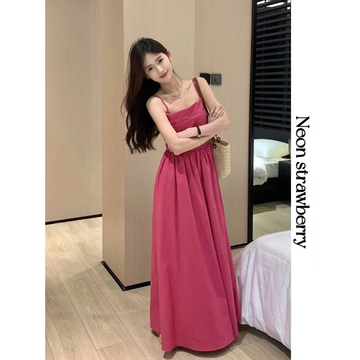 French Rose Red Sling Dress Women 2023 Tube Top Skirt Design Feel Temperament Narrow Waist a-Line Long Skirt