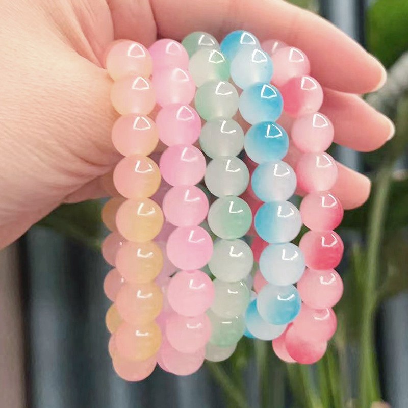 Korean Sweet Fashion Gradual Ice-permeable Crystal Charms Bangles Trendy Student Rosary Rose Quartzs Glass Beads Bracelet Stretch Cord Pulserase Jewelry Lovers Woman Gift