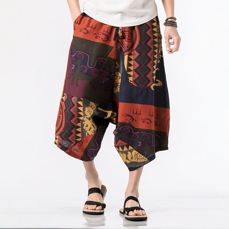 Thai Lantern Pants Men's Summer Ethnic Style Printing Wide-Leg Cropped Loose Large Size Couple Beach