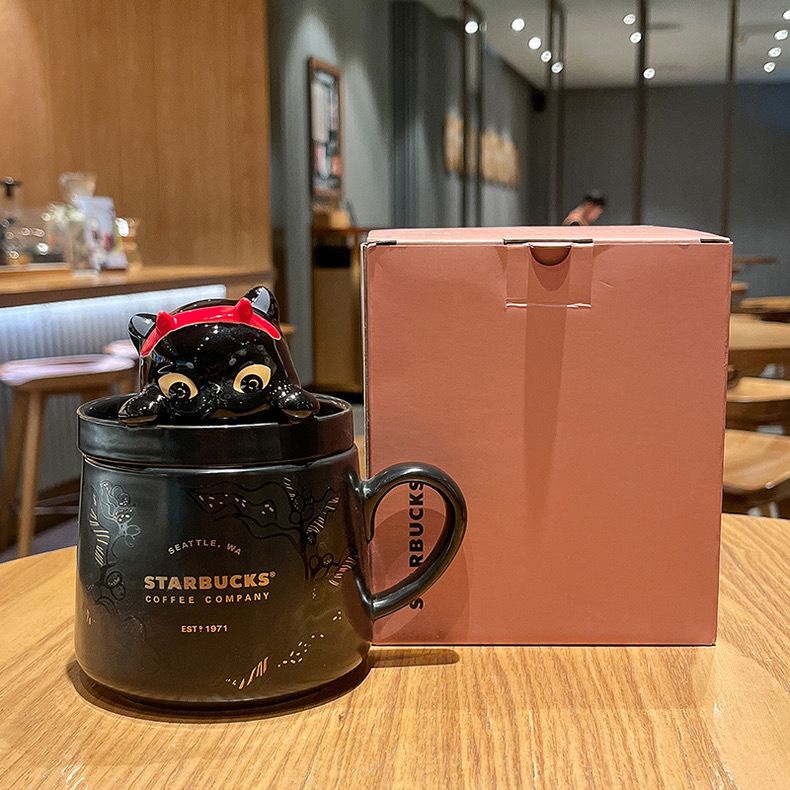 ★Ins Mug ★Starbucks Cup Starbucks Cup Halloween Cat Reward Coffee Black Cat Mug with Lid High-value Gift Coffee Ceramic Water Cup