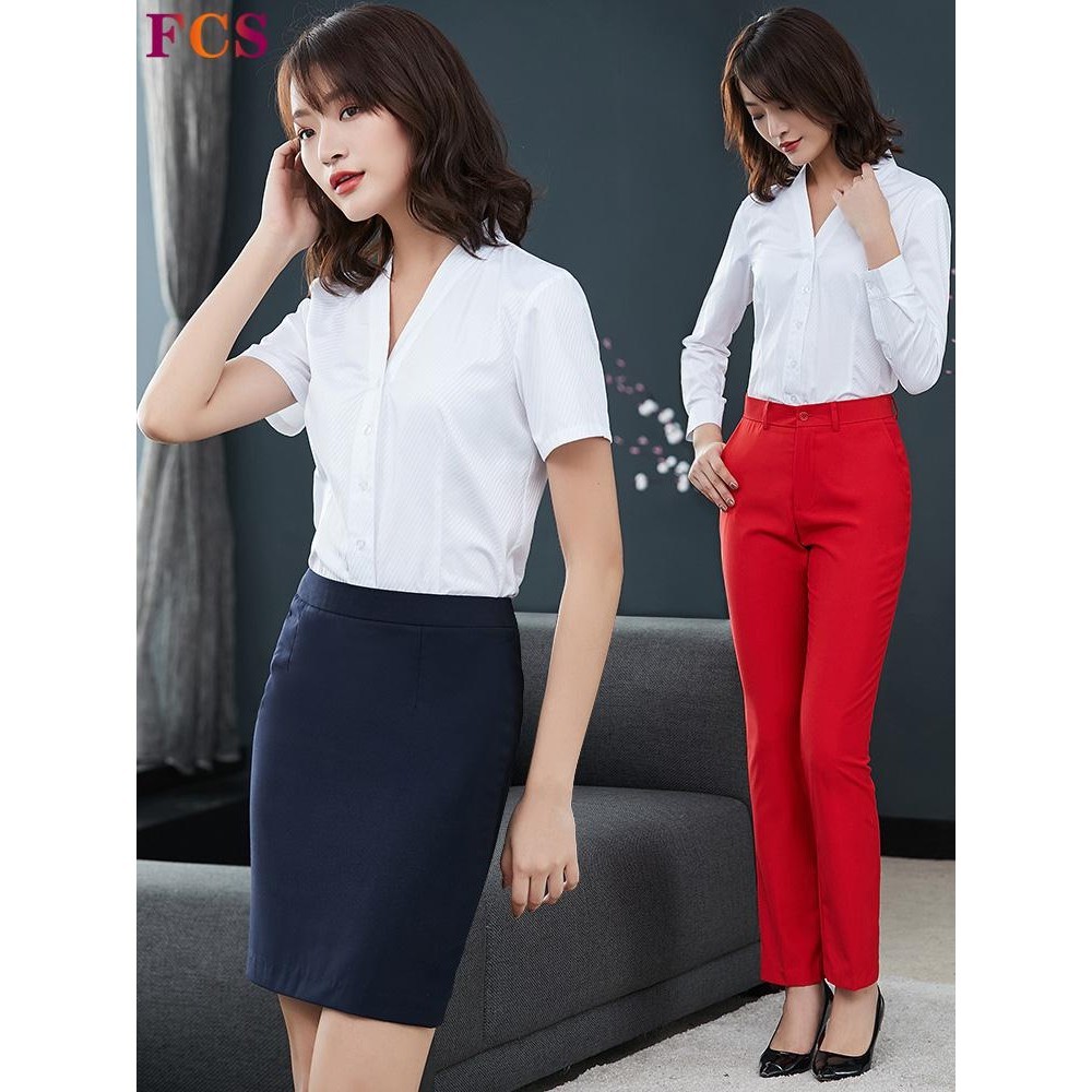 [24h Delivery✈] Ladies Uniforms South Airlines Flight Attendants Women Airlines Interview Clothing Workwear Uniforms White Shirts Professional Wear V-Neck Short-Sleeved Shirts High-End Fashion Banquet Dress Accessories High @-