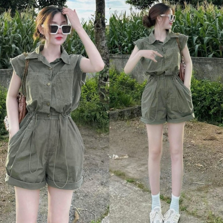 Women's fashion jumpsuit made of thick Guangzhou denim with cute fairy-wing short-sleeved shirt collar for girls to wear out