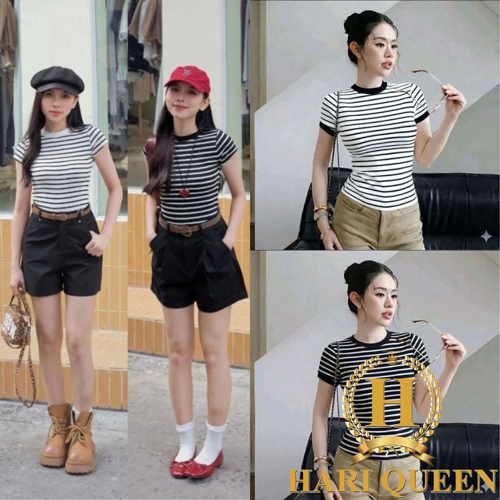 Babytee Women's Black and White Plaid T-shirt Bodycon Crochet Short Sleeve Stretch Cotton Embellished Korean Style Hot Trend