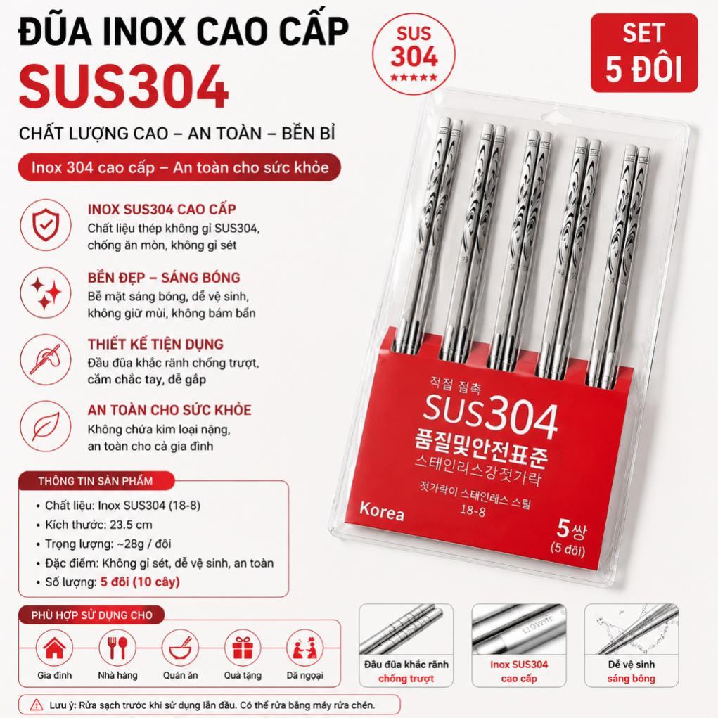 Set of 5 Pairs of Sus 304 Stainless Steel Chopsticks Anti-Slip Korean High Quality Chop…