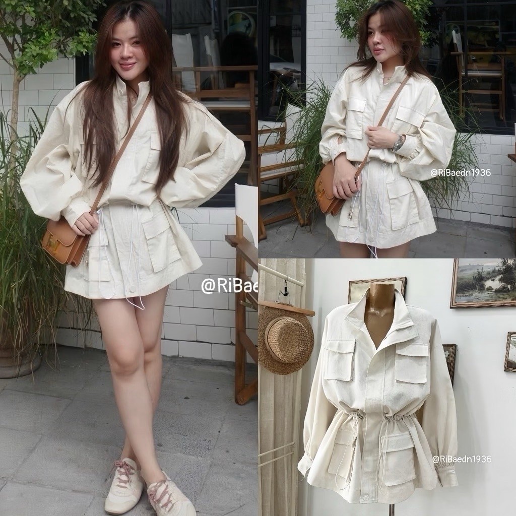 [Available] Long-sleeved Jump jacket Set with drawstring waist made of pressed linen with a youthful form to flatter your figure