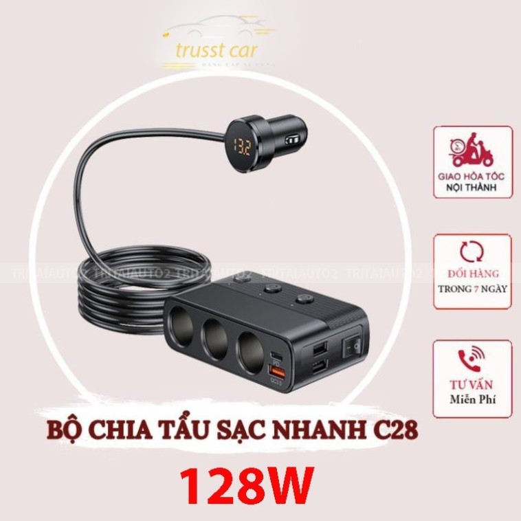 C28 VERSION 7 Car Charger Splitter Supports Type C 30W Fast Charging Port and QC3.0 – Capacity 127W