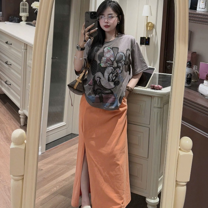 Gentle elegant set. loose round neck t-shirt set with long slit skirt 758(Z4) NC