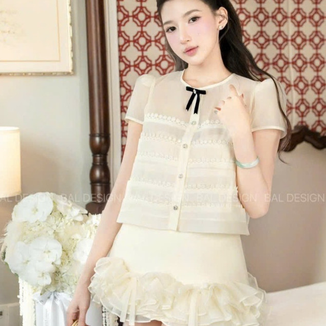 Skirt set, short skirt set, Japanese silk shirt set short sleeve with bow, mixed with ruffled tafta skirt 1335 (Z2) Mi.