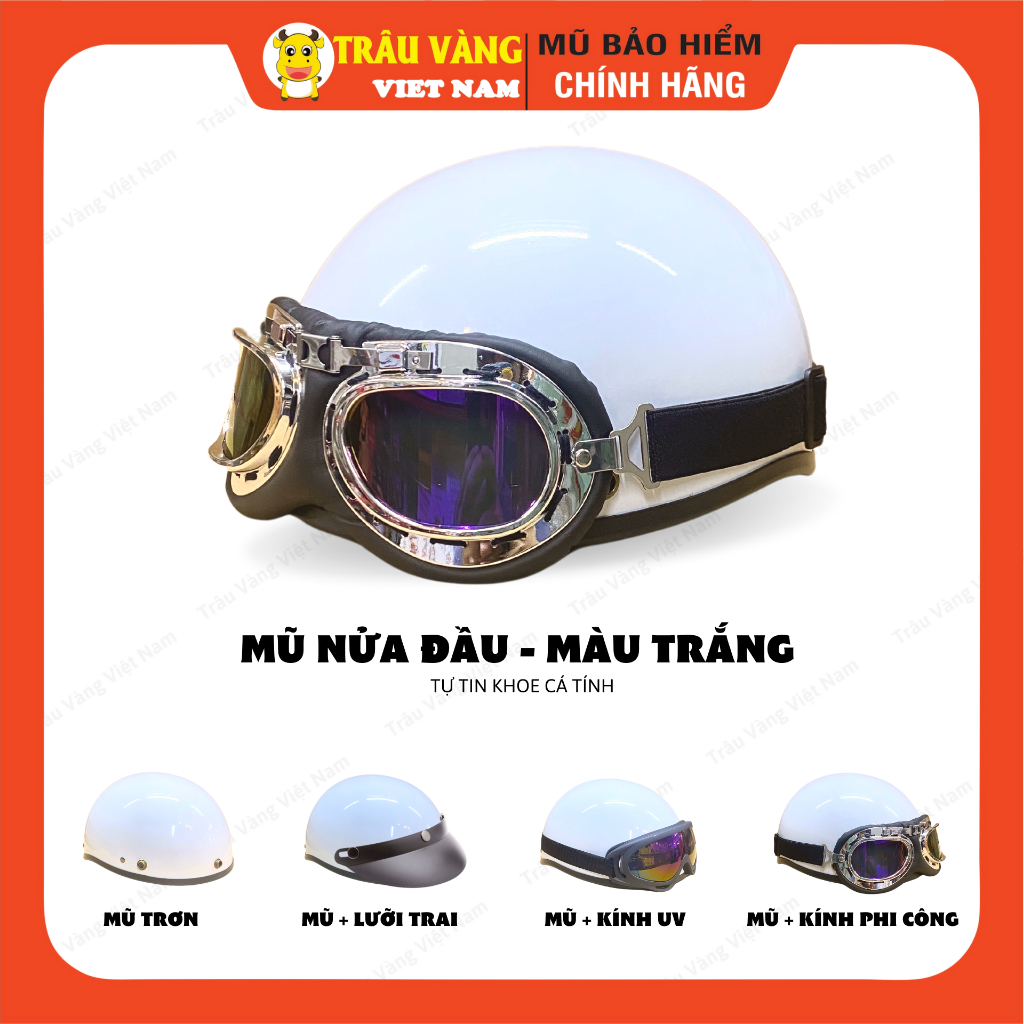 Genuine white VietNam Golden Buffalo half-head helmet with UV glasses, aviator glasses, freesize 1/2 helmet