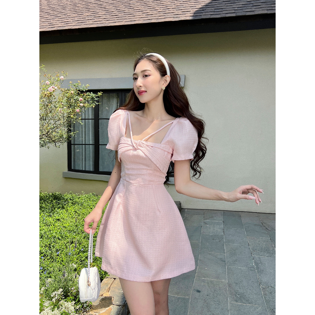 Jacy Dress pastel pink puff sleeve lady's Dress - COQUI