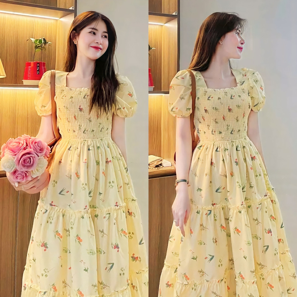 Lady Dress Yellow Pastel Yellow Flower Lady Dress Easy And Feminine Walking Around School ST7181