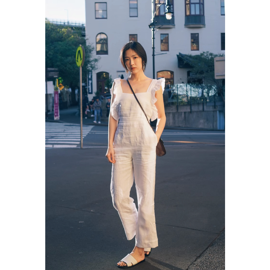 White LINEN Jumpsuit with ruffled sleeves and open back, dynamic and youthful 2-layer wide-leg pants for summer days. Real photos included