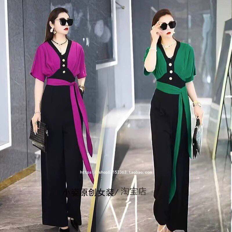 V-neck Jumpsuit with high-end color combination. Import QC