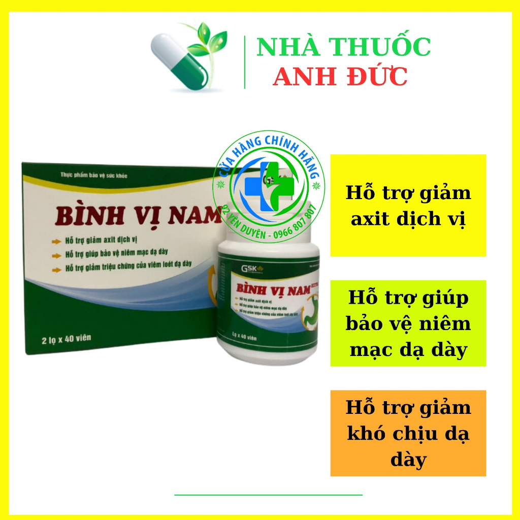 Binh Vi Nam Extra - pills to help reduce gastric acid, protect the stomach lining, reduce stomach discomfort, Box of 2 bottles x 40 pills