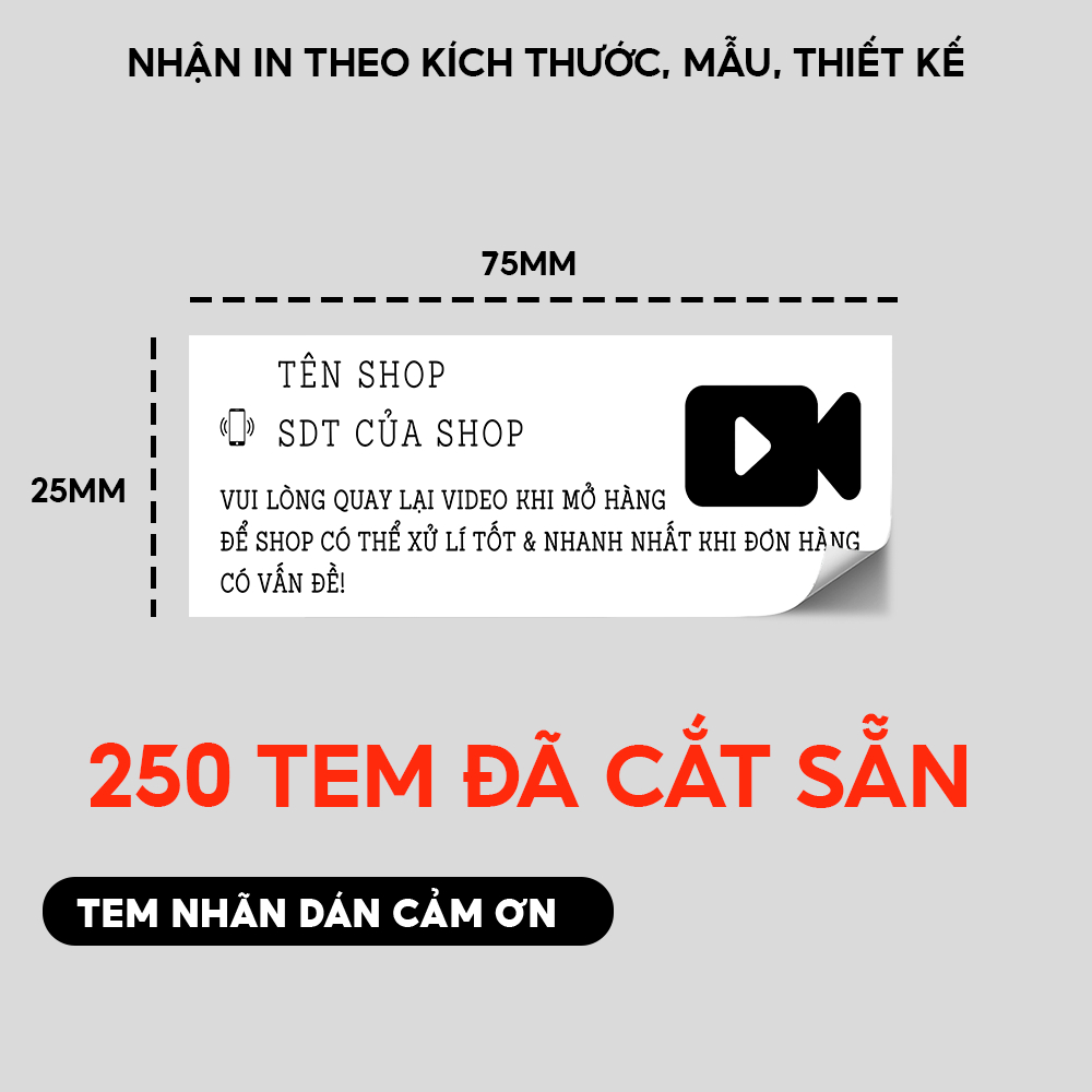 250 Pre-cut stickers "Please return the video when opening the goods" - Free design available (25mm x 75mm)