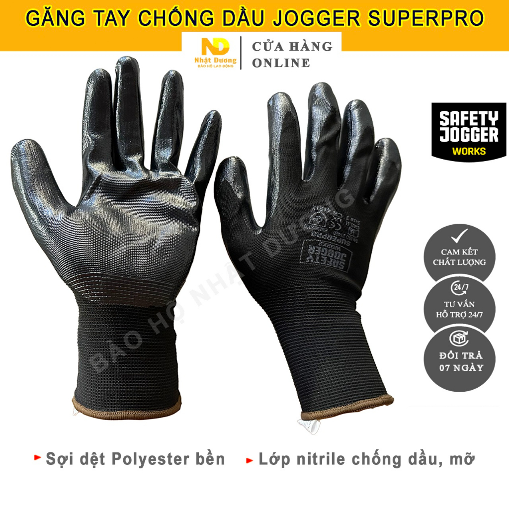 Jogger Superpro oil-resistant protective gloves coated with thick black Nitrile layer for repairing and maintaining machinery and equipment