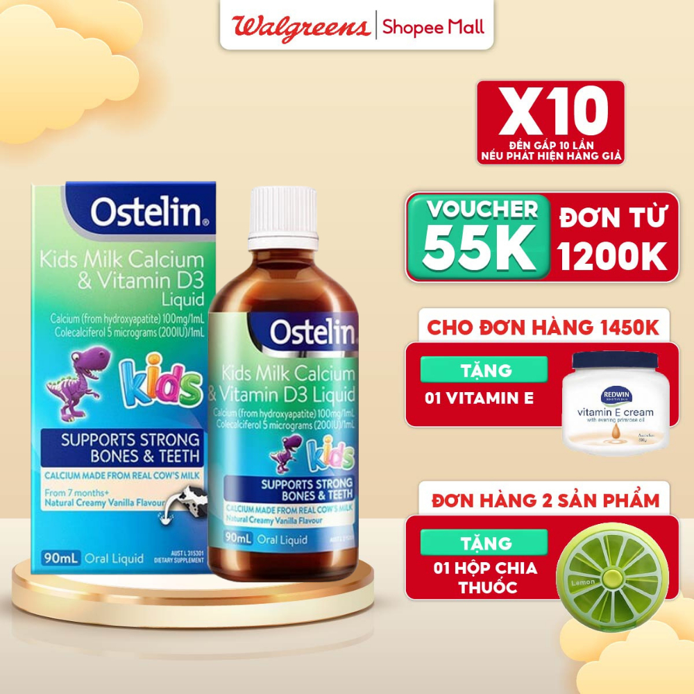 Calcium And D3 Ostelin Kids Milk Calcium & Vitamin D3 Liquid 90ml Help Develop Height, Bones, Teeth For Children