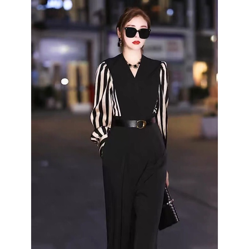Jumpsuit with vest collar mixed with high-quality striped silk. Import QC