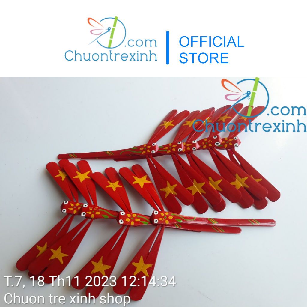 Set of 9 Vietnamese flag bamboo balancing dragonflies 12cm (no stand)