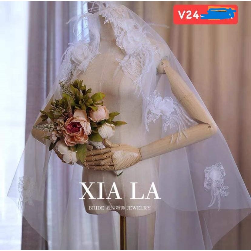 Floral chiffon mixed with feathers and lace 1m5 -V24