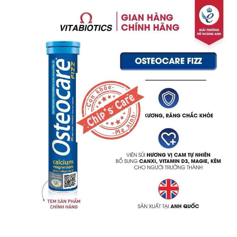 Vitabiotics OSTEOCARE FIZZ Effervescent Calcium Helps Strong Bones And Teeth For Adults 20 Tablets