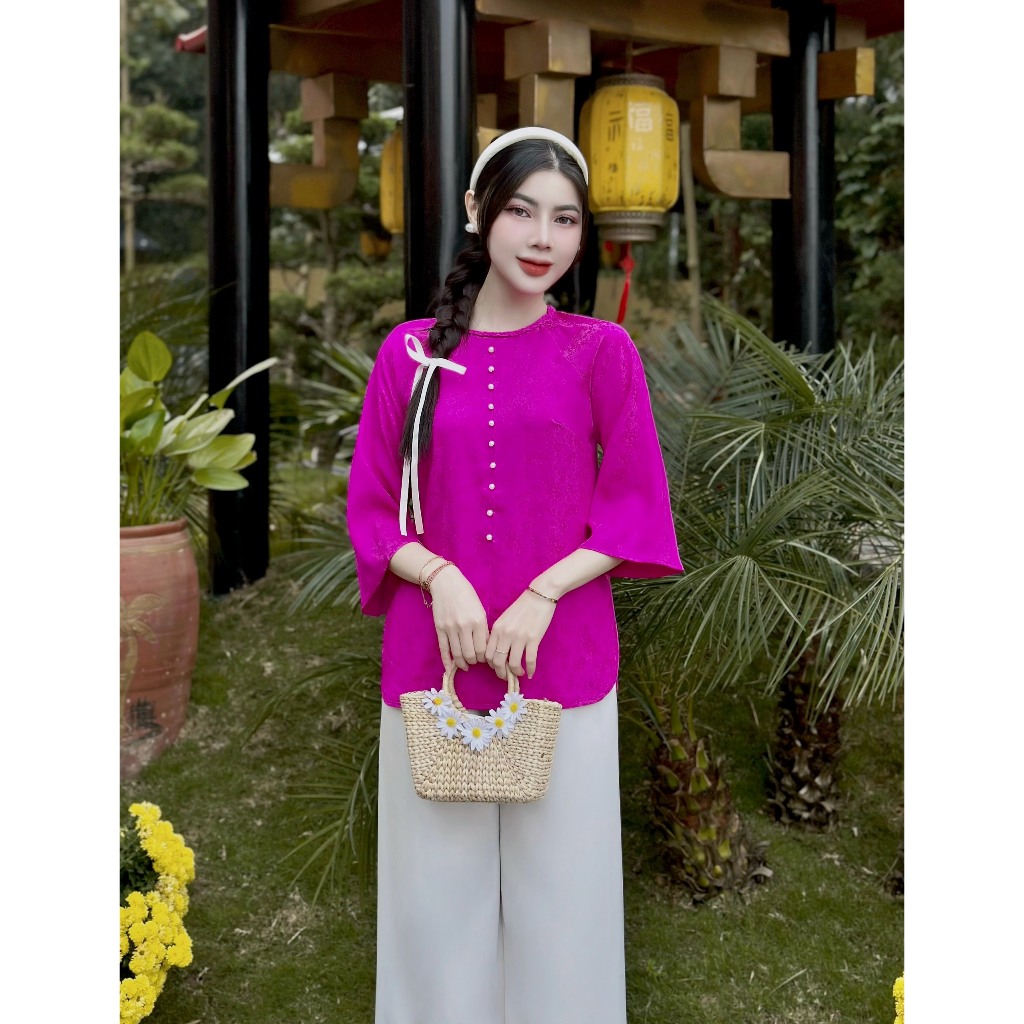 Retail Shirt Code, Dam Lam Going To Tinh Tam Pagoda, French Silk Female Clothing With Pearl Flower Pattern CNY, size 40-65kg,4 size S,M,L,XL