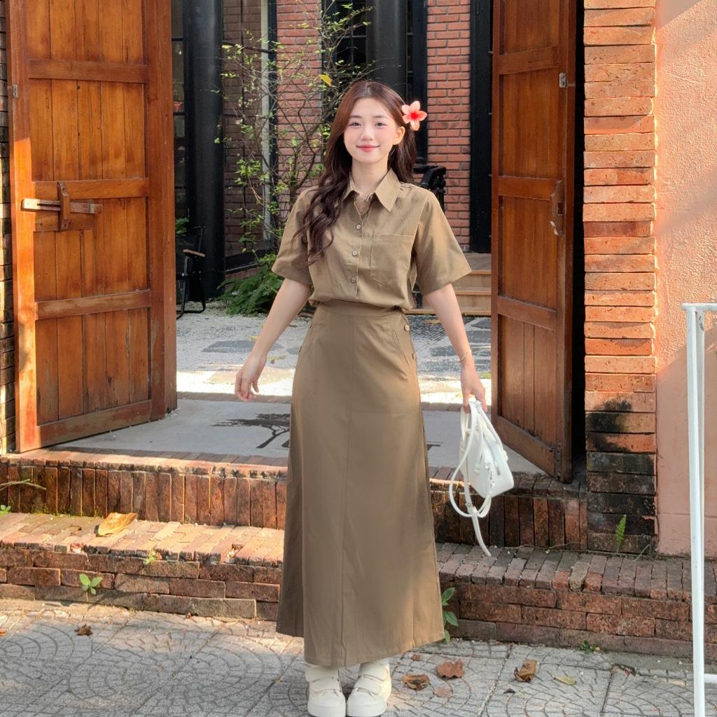 Set shirt with wooden buttons and skirt with buttons on both sides of the waist HAVANA SAT124