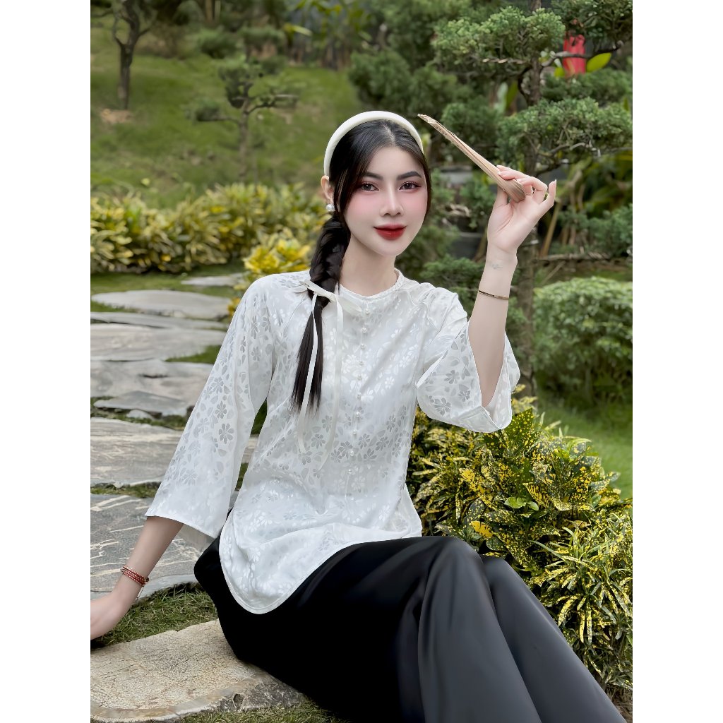 Retail Shirt Code, Dam Lam Going To Tinh Tam Pagoda, French Silk Female Clothing With Pearl Flower Pattern CNY, size 40-65kg,4 size S,M,L,XL