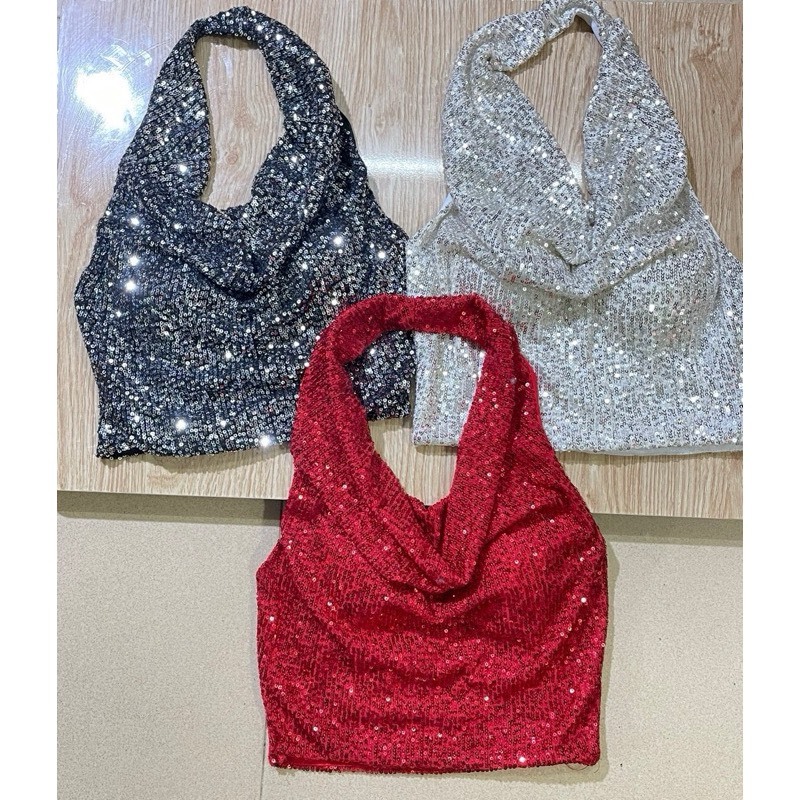 SA (new) Bling bling sequined chain camisole, Sexy Sequins Backless Two-Piece Crop Top for Women alohashop91